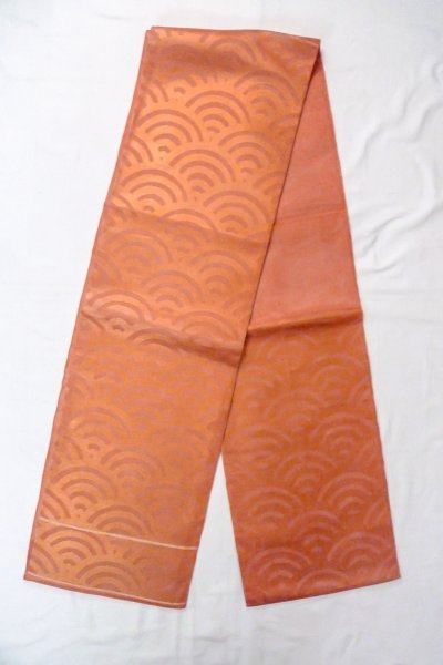 Photo1: O0606L Vintage Japanese Kimono  Shiny Orange  FUKURO OBI sash Wave Linen. (Grade B) (1)
