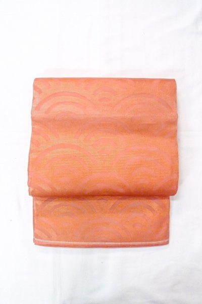 Photo2: O0606L Vintage Japanese Kimono  Shiny Orange  FUKURO OBI sash Wave Linen. (Grade B) (2)