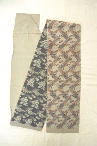 Photo1: O0606M Vintage Japanese Kimono   Gray  NAGOYA OBI sash Flower Linen. (Grade C) (1)