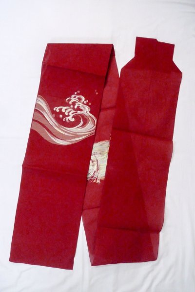 Photo1: Mint O0606N Vintage Japanese Kimono   Red  FUKURO NAGOYA Obi Wave Linen. (Grade A) (1)