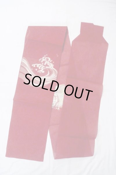 Photo2: Mint O0606N Vintage Japanese Kimono   Red  FUKURO NAGOYA Obi Wave Linen. (Grade A) (2)