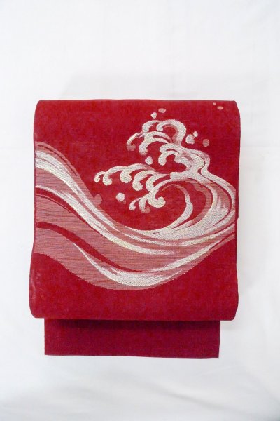 Photo2: Mint O0606N Vintage Japanese Kimono   Red  FUKURO NAGOYA Obi Wave Linen. (Grade A) (2)