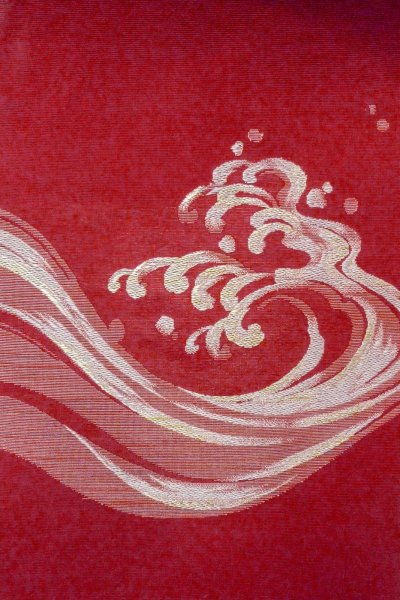 Photo3: Mint O0606N Vintage Japanese Kimono   Red  FUKURO NAGOYA Obi Wave Linen. (Grade A) (3)