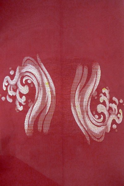 Photo4: Mint O0606N Vintage Japanese Kimono   Red  FUKURO NAGOYA Obi Wave Linen. (Grade A) (4)