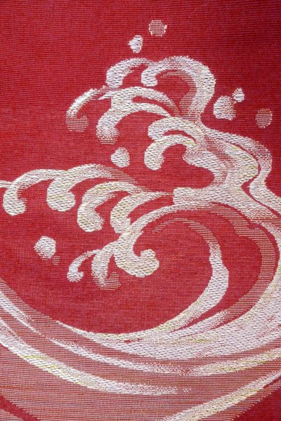 Photo5: Mint O0606N Vintage Japanese Kimono   Red  FUKURO NAGOYA Obi Wave Linen. (Grade A) (5)