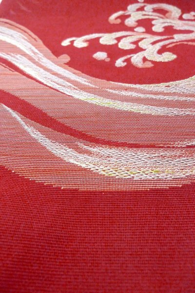 Photo10: Mint O0606N Vintage Japanese Kimono   Red  FUKURO NAGOYA Obi Wave Linen. (Grade A) (10)