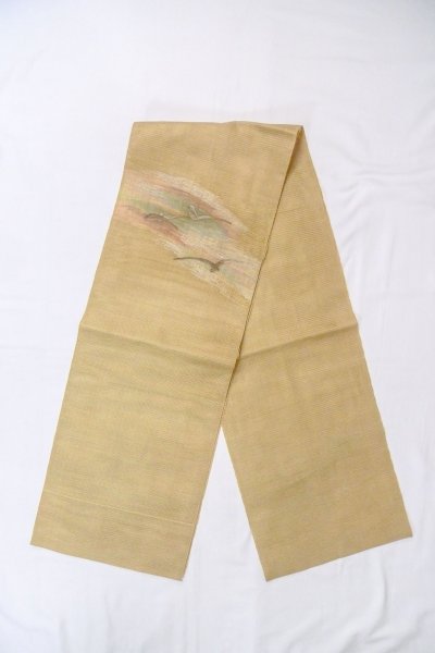 Photo1: O0606O Vintage Japanese Kimono  Grayish Yellow  FUKURO OBI sash Abstract pattern Linen. (Grade B) (1)