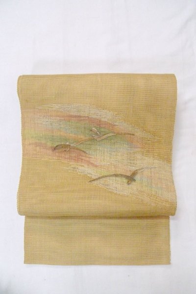 Photo2: O0606O Vintage Japanese Kimono  Grayish Yellow  FUKURO OBI sash Abstract pattern Linen. (Grade B) (2)