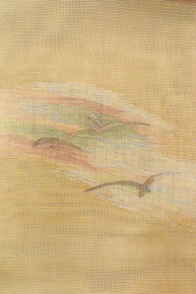 Photo3: O0606O Vintage Japanese Kimono  Grayish Yellow  FUKURO OBI sash Abstract pattern Linen. (Grade B) (3)