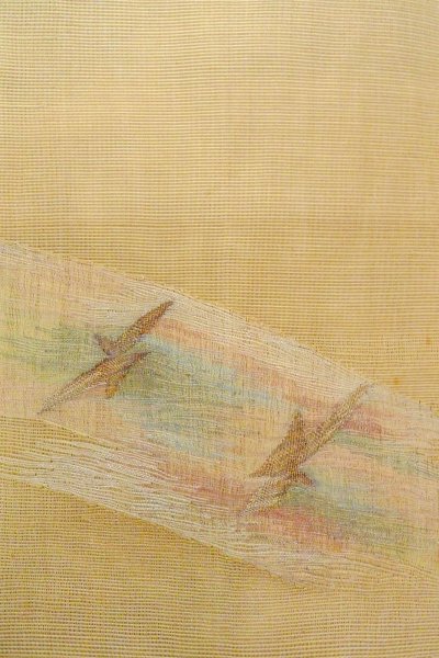 Photo4: O0606O Vintage Japanese Kimono  Grayish Yellow  FUKURO OBI sash Abstract pattern Linen. (Grade B) (4)