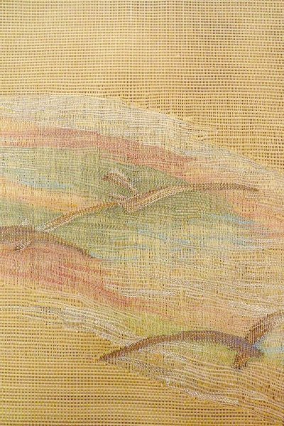 Photo5: O0606O Vintage Japanese Kimono  Grayish Yellow  FUKURO OBI sash Abstract pattern Linen. (Grade B) (5)