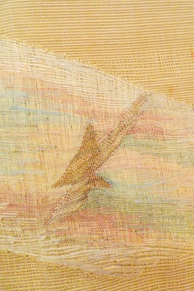 Photo6: O0606O Vintage Japanese Kimono  Grayish Yellow  FUKURO OBI sash Abstract pattern Linen. (Grade B) (6)