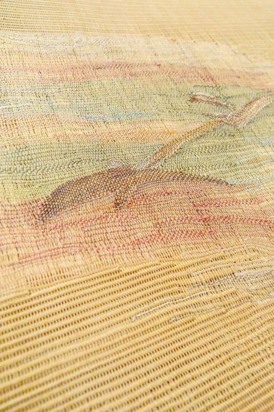 Photo8: O0606O Vintage Japanese Kimono  Grayish Yellow  FUKURO OBI sash Abstract pattern Linen. (Grade B) (8)