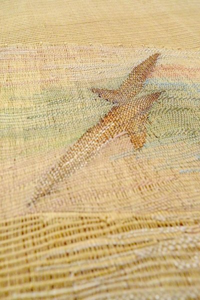 Photo9: O0606O Vintage Japanese Kimono  Grayish Yellow  FUKURO OBI sash Abstract pattern Linen. (Grade B) (9)