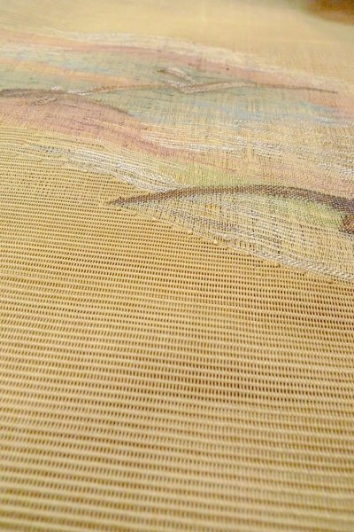 Photo10: O0606O Vintage Japanese Kimono  Grayish Yellow  FUKURO OBI sash Abstract pattern Linen. (Grade B) (10)