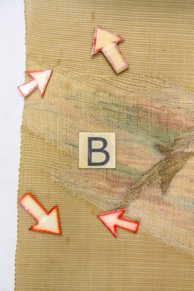 Photo13: O0606O Vintage Japanese Kimono  Grayish Yellow  FUKURO OBI sash Abstract pattern Linen. (Grade B) (13)