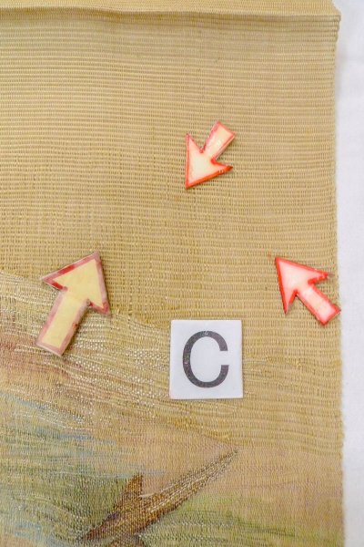 Photo14: O0606O Vintage Japanese Kimono  Grayish Yellow  FUKURO OBI sash Abstract pattern Linen. (Grade B) (14)