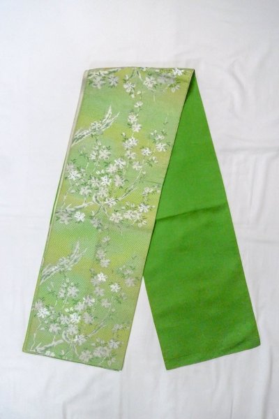 Photo1: O0606Q Vintage Japanese Kimono  Shiny Yellowish Green  FUKURO NAGOYA Obi SAKURA cherry blossom Silk. (Grade C) (1)