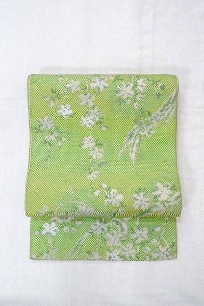 Photo2: O0606Q Vintage Japanese Kimono  Shiny Yellowish Green  FUKURO NAGOYA Obi SAKURA cherry blossom Silk. (Grade C) (2)
