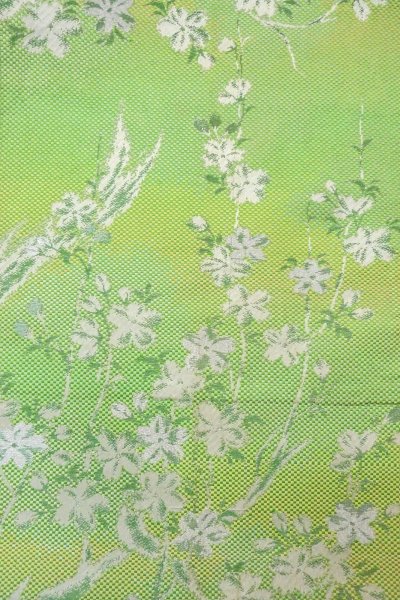 Photo3: O0606Q Vintage Japanese Kimono  Shiny Yellowish Green  FUKURO NAGOYA Obi SAKURA cherry blossom Silk. (Grade C) (3)