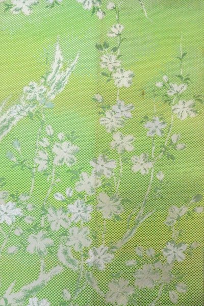 Photo4: O0606Q Vintage Japanese Kimono  Shiny Yellowish Green  FUKURO NAGOYA Obi SAKURA cherry blossom Silk. (Grade C) (4)