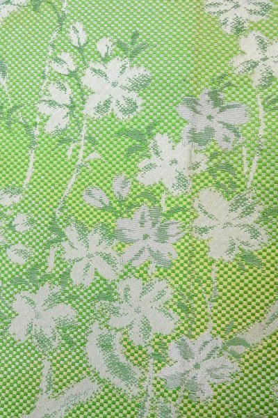 Photo5: O0606Q Vintage Japanese Kimono  Shiny Yellowish Green  FUKURO NAGOYA Obi SAKURA cherry blossom Silk. (Grade C) (5)