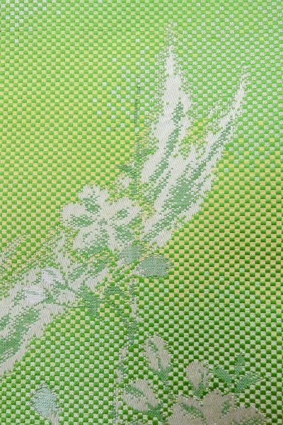 Photo6: O0606Q Vintage Japanese Kimono  Shiny Yellowish Green  FUKURO NAGOYA Obi SAKURA cherry blossom Silk. (Grade C) (6)