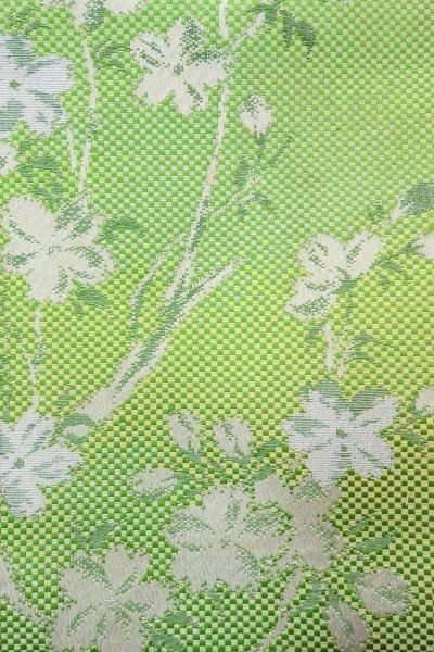 Photo7: O0606Q Vintage Japanese Kimono  Shiny Yellowish Green  FUKURO NAGOYA Obi SAKURA cherry blossom Silk. (Grade C) (7)