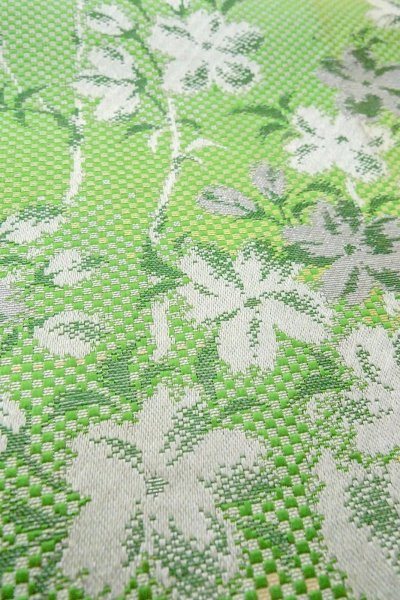 Photo8: O0606Q Vintage Japanese Kimono  Shiny Yellowish Green  FUKURO NAGOYA Obi SAKURA cherry blossom Silk. (Grade C) (8)