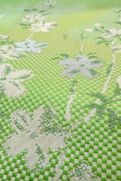 Photo9: O0606Q Vintage Japanese Kimono  Shiny Yellowish Green  FUKURO NAGOYA Obi SAKURA cherry blossom Silk. (Grade C) (9)