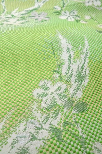 Photo10: O0606Q Vintage Japanese Kimono  Shiny Yellowish Green  FUKURO NAGOYA Obi SAKURA cherry blossom Silk. (Grade C) (10)