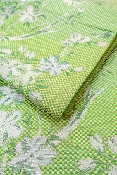 Photo11: O0606Q Vintage Japanese Kimono  Shiny Yellowish Green  FUKURO NAGOYA Obi SAKURA cherry blossom Silk. (Grade C) (11)