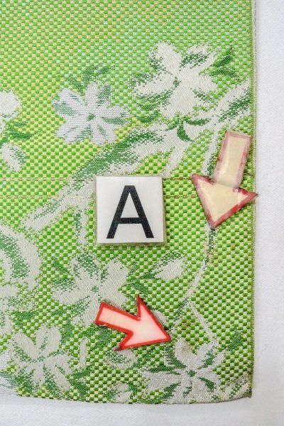 Photo12: O0606Q Vintage Japanese Kimono  Shiny Yellowish Green  FUKURO NAGOYA Obi SAKURA cherry blossom Silk. (Grade C) (12)