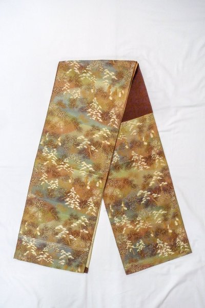Photo1: O0606R Vintage Japanese Kimono   Brown  FUKURO NAGOYA Obi Tree Silk. (Grade C) (1)