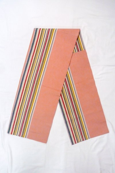 Photo1: O0606S Vintage Japanese Kimono   Coral  FUKURO NAGOYA Obi Stripes Silk. (Grade C) (1)