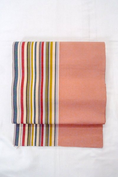 Photo2: O0606S Vintage Japanese Kimono   Coral  FUKURO NAGOYA Obi Stripes Silk. (Grade C) (2)