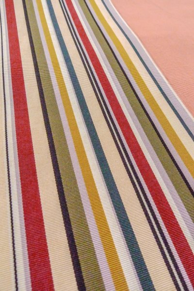 Photo8: O0606S Vintage Japanese Kimono   Coral  FUKURO NAGOYA Obi Stripes Silk. (Grade C) (8)