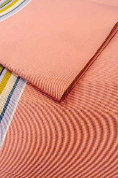 Photo11: O0606S Vintage Japanese Kimono   Coral  FUKURO NAGOYA Obi Stripes Silk. (Grade C) (11)