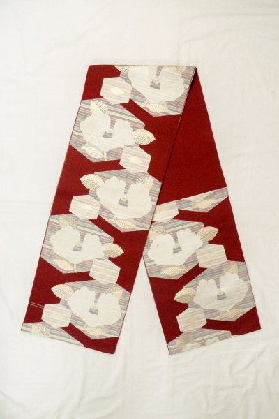 Photo1: O0606V Vintage Japanese Kimono  Dark Red  FUKURO NAGOYA Obi Camellia Silk. (Grade B) (1)