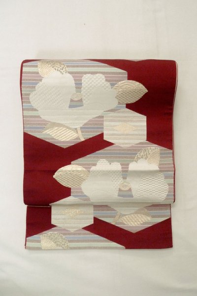 Photo2: O0606V Vintage Japanese Kimono  Dark Red  FUKURO NAGOYA Obi Camellia Silk. (Grade B) (2)