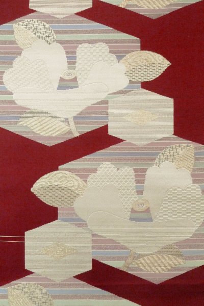 Photo4: O0606V Vintage Japanese Kimono  Dark Red  FUKURO NAGOYA Obi Camellia Silk. (Grade B) (4)