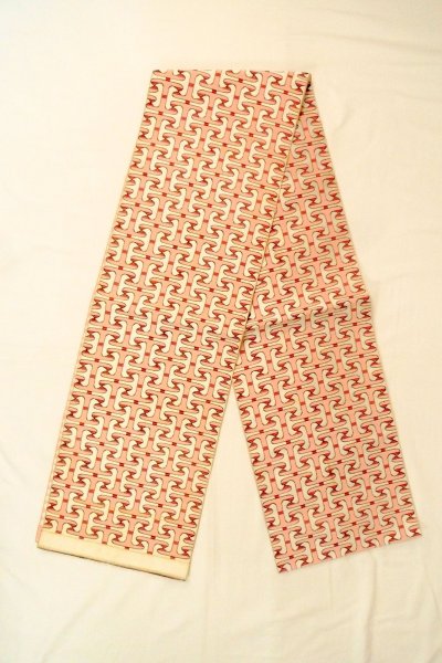 Photo1: O0606X Vintage Japanese Kimono   Off White  FUKURO NAGOYA Obi Geometrical pattern Silk. (Grade C) (1)
