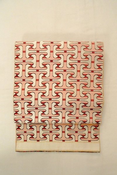 Photo2: O0606X Vintage Japanese Kimono   Off White  FUKURO NAGOYA Obi Geometrical pattern Silk. (Grade C) (2)