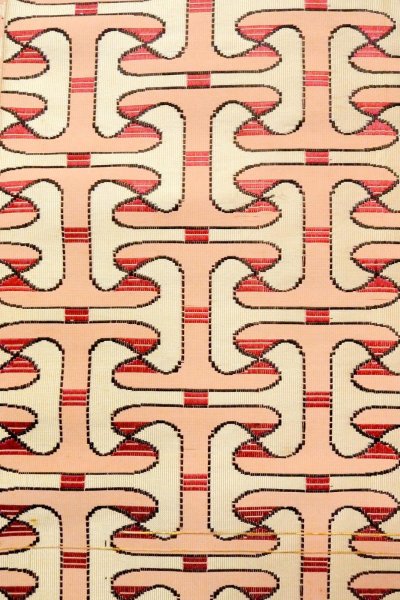 Photo5: O0606X Vintage Japanese Kimono   Off White  FUKURO NAGOYA Obi Geometrical pattern Silk. (Grade C) (5)