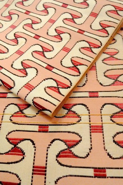 Photo11: O0606X Vintage Japanese Kimono   Off White  FUKURO NAGOYA Obi Geometrical pattern Silk. (Grade C) (11)