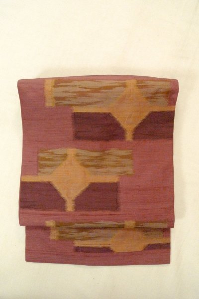 Photo2: O0606Z Vintage Japanese Kimono   Dark Red  NAGOYA OBI sash Geometrical pattern Silk. (Grade B) (2)