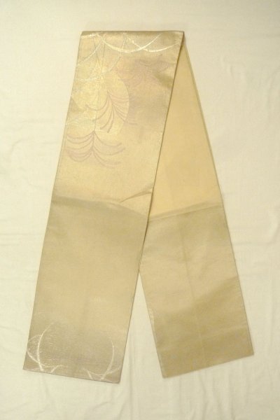 Photo1: O0607C Vintage Japanese Kimono  Shiny Ivory  FUKURO OBI sash  Silk. (Grade B) (1)