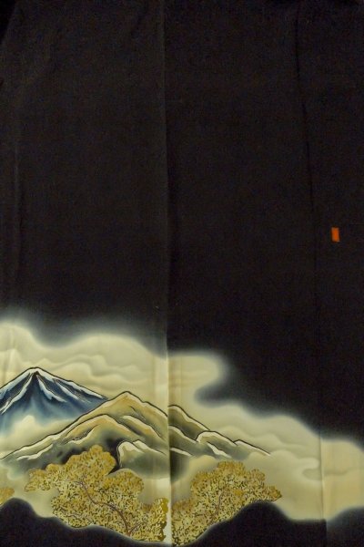 Photo5: O0624E Vintage Japanese kimono   Black TOMESODE formal for women / Silk. Cloud, Discolored all over.  (Grade C) (5)