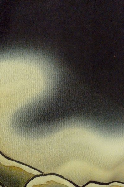 Photo11: O0624E Vintage Japanese kimono   Black TOMESODE formal for women / Silk. Cloud, Discolored all over.  (Grade C) (11)