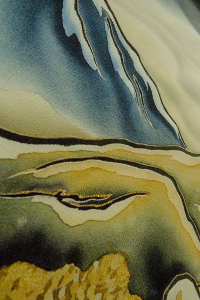 Photo15: O0624E Vintage Japanese kimono   Black TOMESODE formal for women / Silk. Cloud, Discolored all over.  (Grade C) (15)